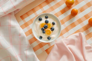 Wall Mural - Healthy yogurt breakfast with fresh berries on a striped orange background. Nutritious snack in a bowl, perfect for a light meal. Simple and clean eating concept. AI