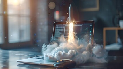 Poster - Ethereal laptop with rocket launch, innovation and technology theme, perfect for tech startups. Ideal for digital art and virtual concepts. AI