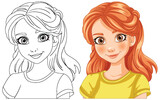 Fototapeta Dinusie - Vector illustration of a girl, before and after coloring