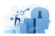 © naum - Unlock new skill concept. Businessman with key climbing up to big head with keyhole. Skills improvement and development. Unlock true potential or motivation to set new mindset,