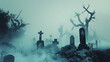 Creepy graveyard scene in a Halloween collage, with fog, tombstones, and skeletal trees