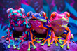 Frogs with skin like OLED screens, displaying vibrant patterns that change with their environment, set against a riot of digital rainforest hues