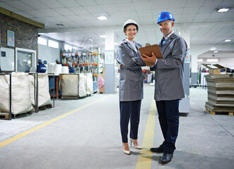 Aufkleber - Professional, people and packaging warehouse with clipboard by working together checking checklist for manufacturing factory as team. Organised, mentor and teaching employee stock inventory for job
