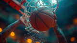 Fototapeta Londyn - basketball ball in a net close up on the street