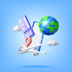 Poster - 3d Airline Ticket, Airplane and Phone. Render Paper Ticket with Plane Icon, Tear Line and Barcode. Online Booking, Search Tickets App. Holiday or Vacation. Transportation Document. Vector Illustration