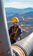 Poster - A man in a hard hat and safety vest on top of a wind turbine. Generative AI.