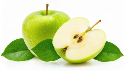 Poster - Green Apple with Cut and Leaves on White Background