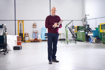 Poster - Checklist, mature or portrait of man in factory with stock in workshop, supply chain or production. Smile, clipboard note or happy manager in warehouse for industrial process, inspection or resources