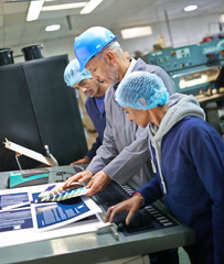 Poster - Factory, planning and teamwork with printing, distribution and document for publication, media and magazine. Employees, working and process for printed press, edition and advertisement for newspaper