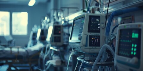 Canvas Print - A row of medical monitors are lined up in a hospital room