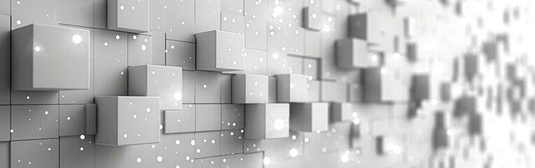 Wall Mural - Geometric White Cube Wall Texture with Glowing Lights - Abstract 3D Background Banner Illustration