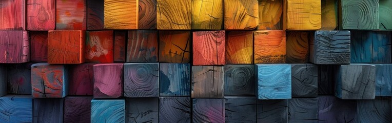 Wall Mural - Colorful Geometric Wooden Cubes Texture Background - AI Generated Abstract Rainbow Wall Art Banner
