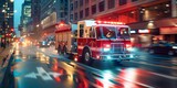 Fototapeta Panele - A fire truck is driving down a wet street at night