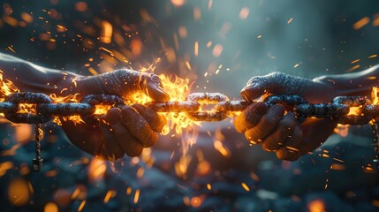 Breaking free, hands part a chain engulfed in flames, sparks highlight the power of freedom 3d illustration