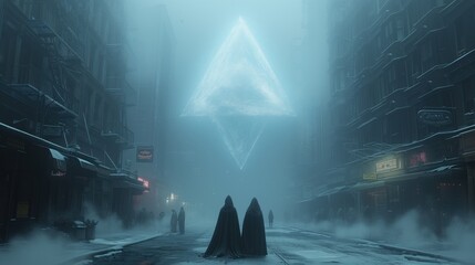 Wall Mural - alien spaceship hovering over a city street