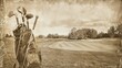 vintage style, golf clubs, golf bag, sepia tone, antique look, leather bag, golf course, nostalgia, sports equipment, metal woods, irons, putter, golf grips, retro, textured background