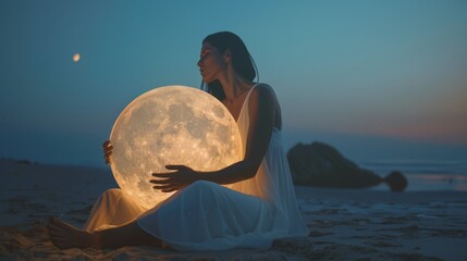 A beautiful woman in a white dress sitting on the beach at night, holding a large glowing moon with both hands. The sky is blue and clear, with soft light illuminating her face 