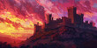 This fascinating image depicts a fantasy castle in a surreal landscape, its towering structures against a dreamy sunset, evoking wonder and escapism