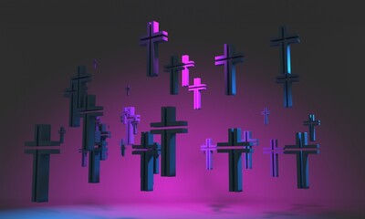 Wall Mural - Christianity concept. Levitation of a group of crosses. 3D render