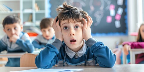 Wall Mural - nine-year-old student in the classroom, emotions - surprise or irritation