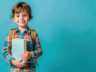 Wall Mural - Happy child school boy with backpack and book in her hands ,on pastel 