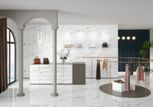 Luxury And Fashionable Brand Window Exhibit. New Collection Of Clothing And Leather Bag Displayed At Flagship Store. Beautiful Boutique With White Marble And Lovely View From Window. 3D Rendering
