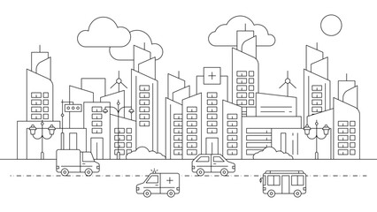 Black and white vector building modern city black background