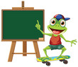 Cartoon frog on skateboard pointing at blackboard