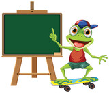 Fototapeta Dinusie - Cartoon frog on skateboard pointing at blackboard