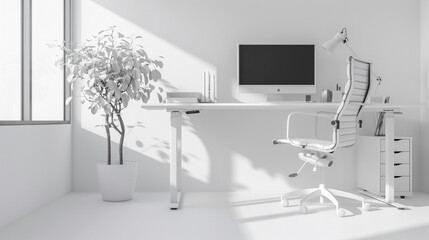 A bright, airy home office corner with a standing desk, ergonomic chair, and a monitor, all designed in monochrome and situated against a pure white background