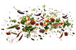 Food neatly arranged in a pile foods include fruits, vegetables, meats, grains, and dairy products, creating a visually appealing display. Isolated on a Transparent Background PNG.