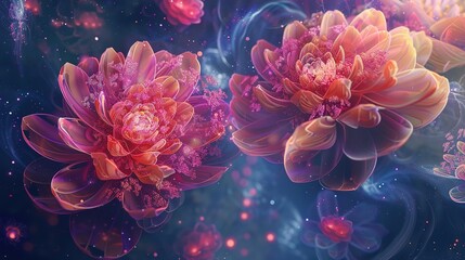Wall Mural - Abstract flowers depicted as celestial constellations, their petals forming intricate patterns against the cosmic backdrop of the universe, each bloom a starburst of ethereal beauty in