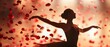 Silhouette of a ballet dancer with rose petals and soft light