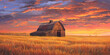 A vivid sunset provides a stunning backdrop for a traditional barn, symbolizing the end of a fruitful day in the country