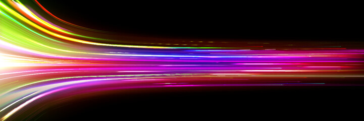 Wall Mural - Speed light effect, fast dynamic line background. Night car race trail graphic. Flare streak action bright long exposure. Yellow and red data and network design. Modern neon gradient tail concept