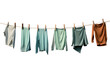 Clothes hanging on a taut clothesline, swaying gently in the breeze. The articles of clothing include shirts, pants, and socks, varying in colors and sizes. Isolated on a Transparent Background PNG.