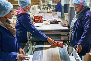 Poster - People, printer and warehouse production in factory for wholesale distribution, publishing or manufacturing. Workers, teamwork and newspaper press supplier or technology process, flyer or facility