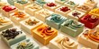 Array of handcrafted soaps in soft pastel tones adorned with botanical toppings.