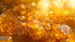 Background with yellow crystals. Yellow glass crystals with reflections of light. Abstract background with bokeh effect. AI generative