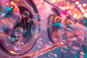 Vibrant bubbles in a realistic washing machine setting showcasing the power of generative AI technology. Concept Visual effects, Machine learning, Digital art, Bubble animation, Technology industry