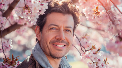 Wall Mural - Portrait of an handsome South American hispanic man posing in front of a blooming cherry tree , close-up view of a cheerful beautiful latino white middle aged male in an outdoor park