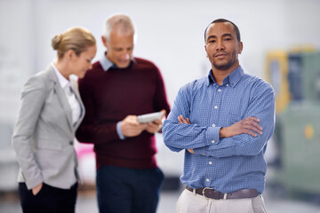 Aufkleber - Managers, warehouse and inspection for distribution, trade and business for shipping and storage. Man, woman and startup for entrepreneur, workplace and industry for career productivity and commerce