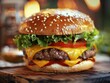 A juicy cheeseburger on a plate or wooden table, a tempting lunch or dinner option