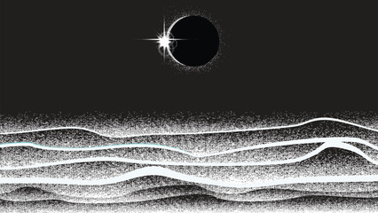 Wall Mural - Solar eclipse .Star and moon in space. Futuristic landscape, with noise texture . Night landscape .Vector illustration