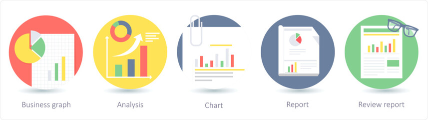 A set of 5 business icons as business graph, analysis, chart