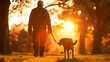 An elderly individual walks with their faithful dog in a park, basking in the golden glow of a peaceful sunset.
 Senior Enjoying Sunset Walk with Loyal Dog
