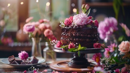 Sticker - A chocolate cake sitting on top of a wooden table