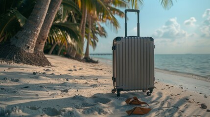 Wall Mural - Silver suitcase beside flip-flops on sandy beach with palm trees.