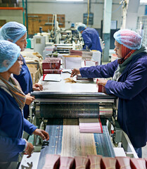 Poster - Workers, printer and machine in factory for paper, system and industry for manufacturing and distribution. Woman, stock and control with production for assembly line, printing and supplier for job