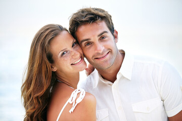 Poster - Happy couple, portrait and young love in nature and travel on honeymoon adventure in outdoor. Man, woman and smile face for bonding in marriage, touching and together on summer holiday in cape town